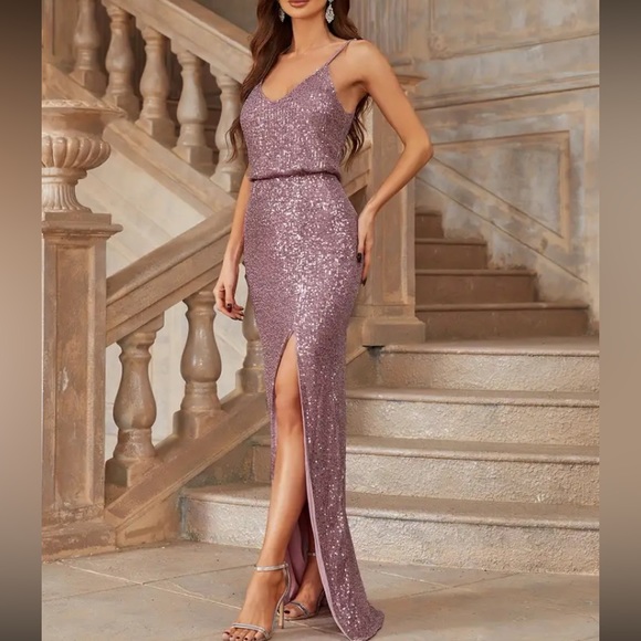 Luxe slit thigh party formal evening gown dress - Picture 7 of 7